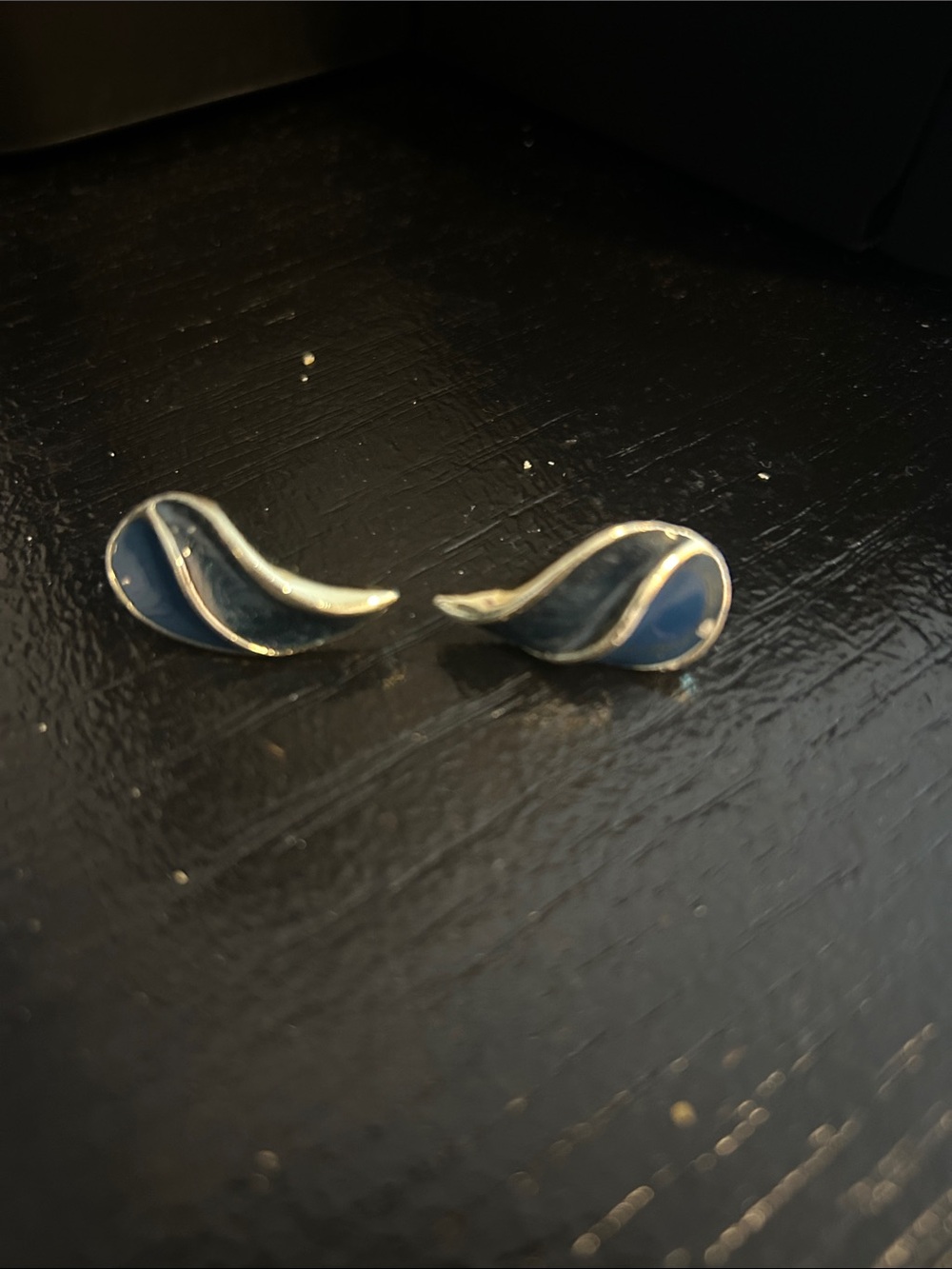 Blue Enamel Wave Stud Earrings with Silver Trim